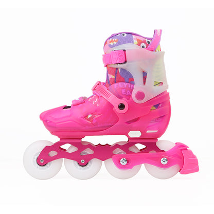 Size-adjustable pink kids inline skates FlyingEagle LUMAFLY bright LED wheel feature