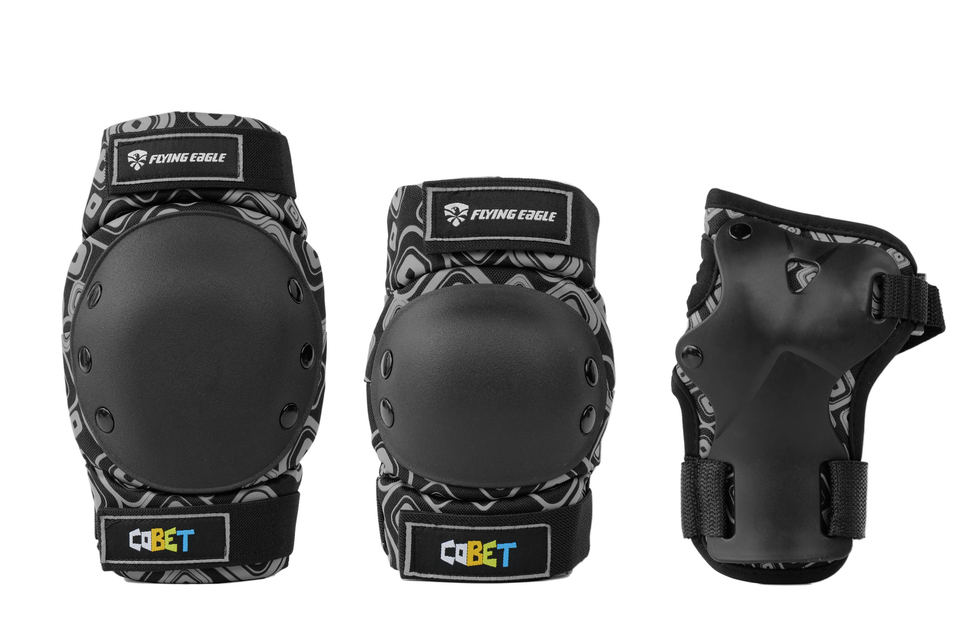 Full set FlyingEagle COBET safety pads black gray, wear-resistant guards for inline skate skateboard balance bike