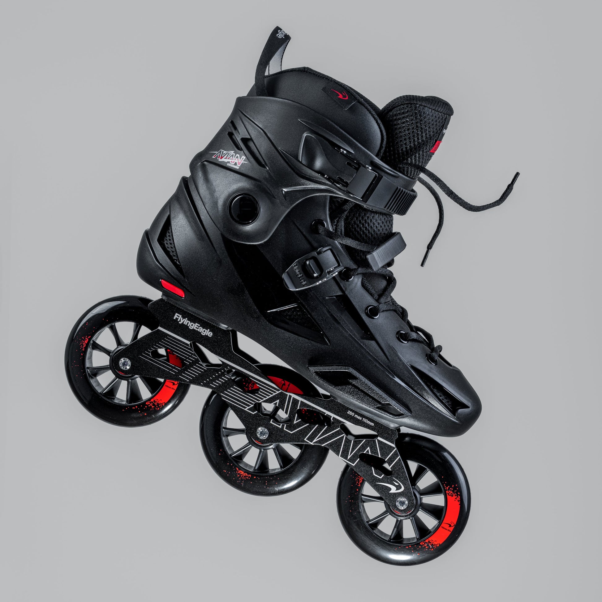 Black FlyingEagle AVIAN T110 inline skate with red accents on a gray background