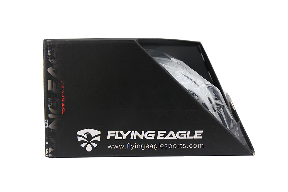 Obsidian white FlyingEagle RIDER JR helmet neatly packed inside retail packaging box
