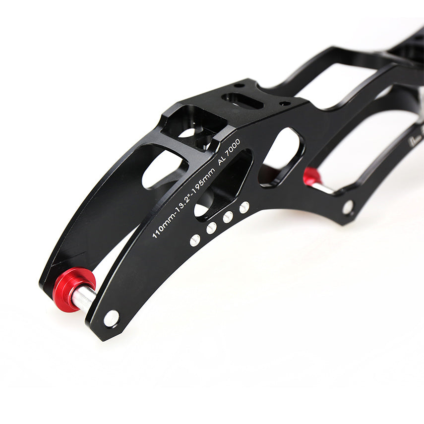 Close-up of black FlyingEagle LEADER pro racing inline skate frame made of 7000 aluminium