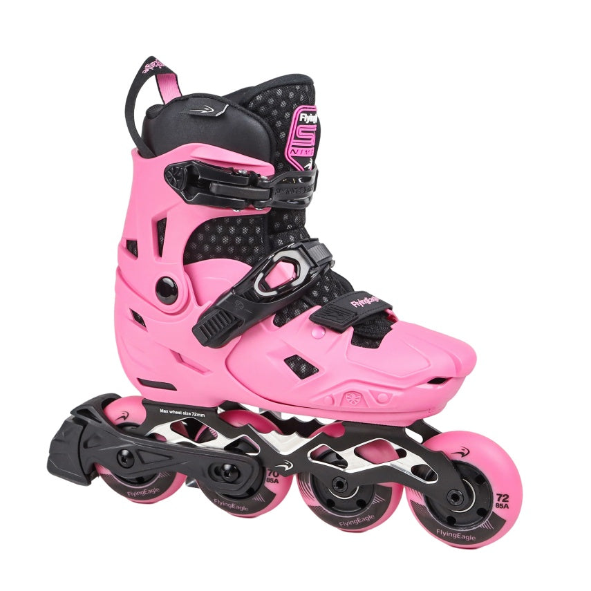 Pink S7 PRO NIMBUS kids skates, lightweight CNC aluminum frame with A brake