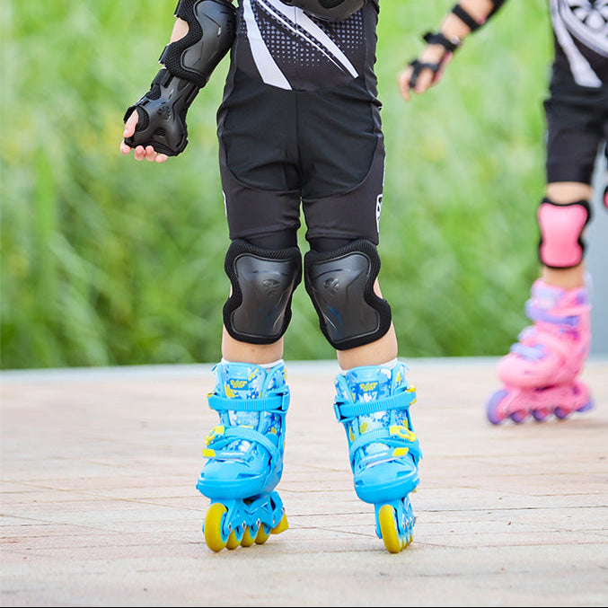 Beginner kid practicing inline skating outdoors with FlyingEagle NACHT