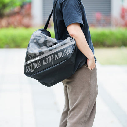 Person with adjustable strap wearing FlyingEagle CARRY BAG while preparing skating