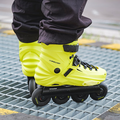 Adult wearing Flying Eagle REAVER S7680 Yellow Black inline skates, urban fitness 4‑wheel skates with rockerable axles EU 36‑46