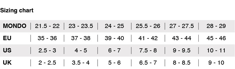 Sizing chart for AVIAN