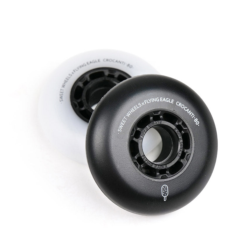 Flying Eagle Wheels CROCANTI ICE CREAM black bullet wheels mounted on inline skates for fast rigid sliding performance