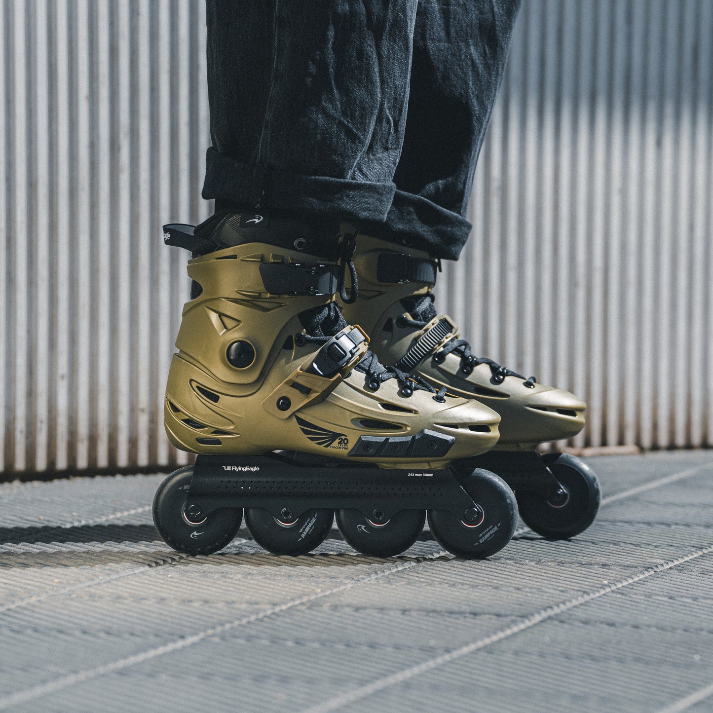 Skater wearing complete FlyingEagle FALCON Pro gold inline skates