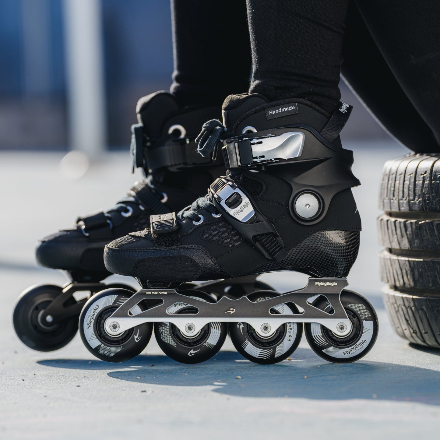 Young kid wearing FlyingEagle DRIFT Jr inline skates outdoor leisure skating