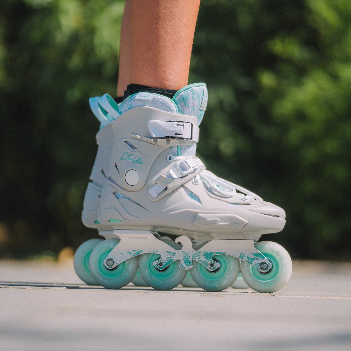 Foot fitting display of Flying Eagle SHRIKE mint adult inline skates EU36-46 lightweight hard shell skate