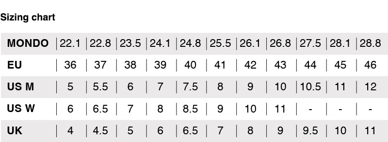 Sizing chart for FALCON PRO