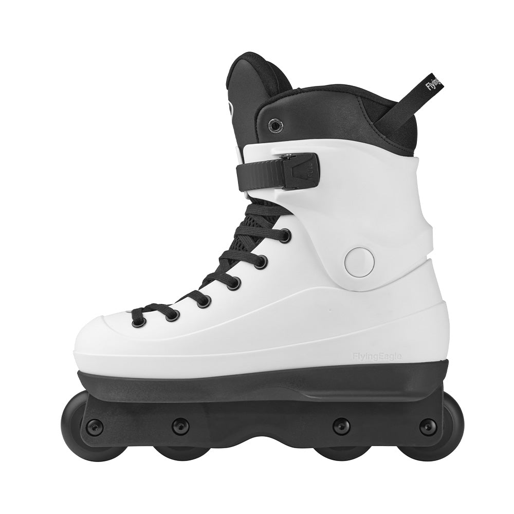 Flying Eagle HERON SF60 White  aggressive skates, riveted cuff raised heel hard boot, side view