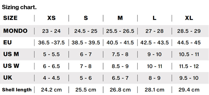 Sizing chart for HERON SF60 PRO