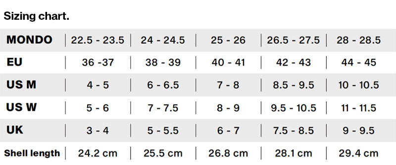 Sizing chart for HERON SF60 WHITE