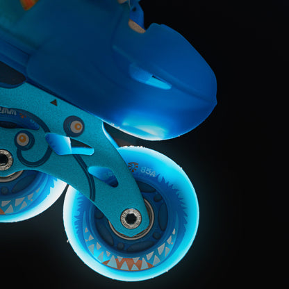 FlyingEagle L6 Lumos blue kid inline skates with visible wheels 