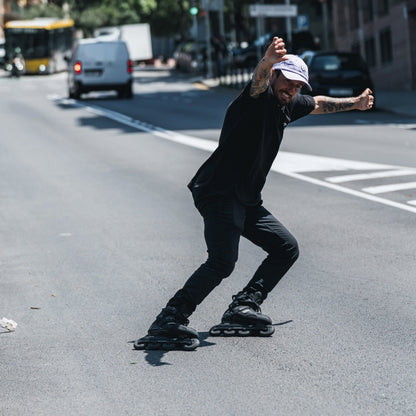 Skater riding with FlyingEagle HORIZON L80 frame for enhanced balance and skating control
