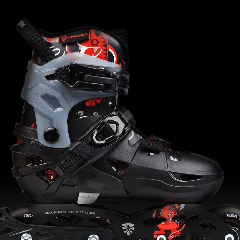 black FlyingEagle L6 Lumos inline skates with Smart memory buckle, 45º ratchet buckle and toe strap.