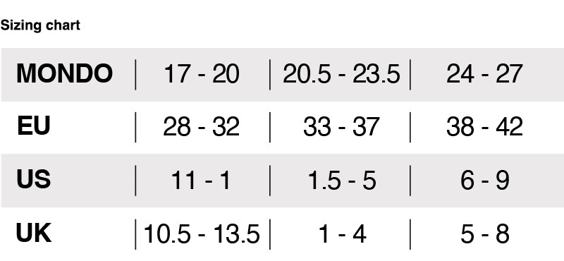 Sizing chart for NADIA
