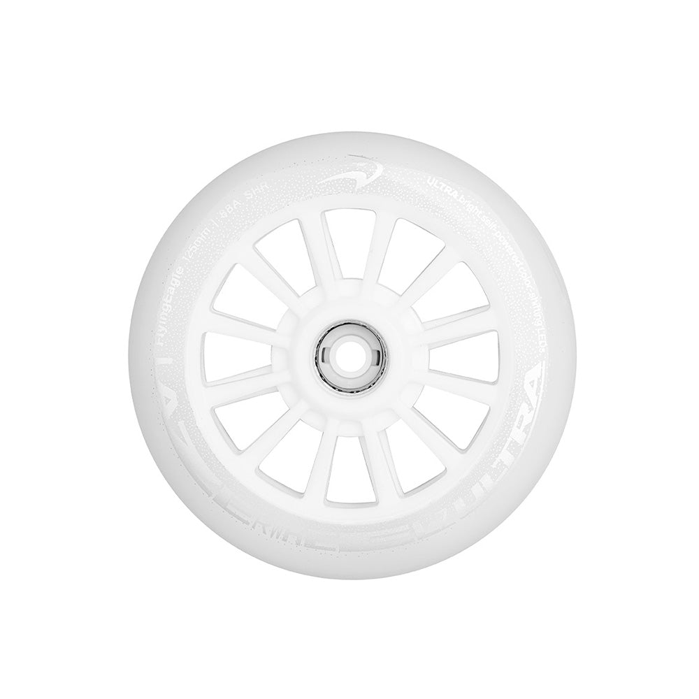 FlyingEagle LAZERWHEELZ ULTRA 125mm white wheel, durable build with rotation LED lights, fits freeskate and street skating