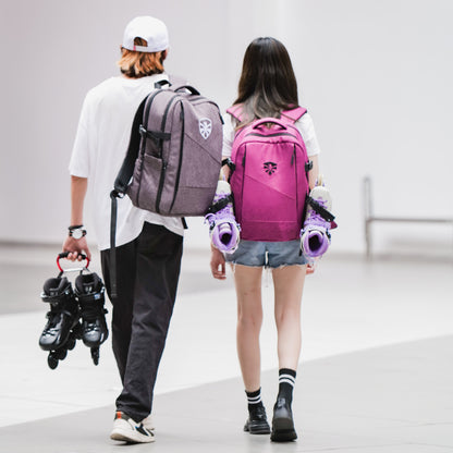 Pair of inline skaters wearing FlyingEagle MOVEMENT backpack for daily skating