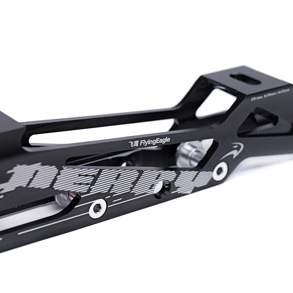 FlyingEagle DERBY black inline skate frame, ultra-low height for stability. Versatile 3/4 wheel design for fast-paced derby skating.