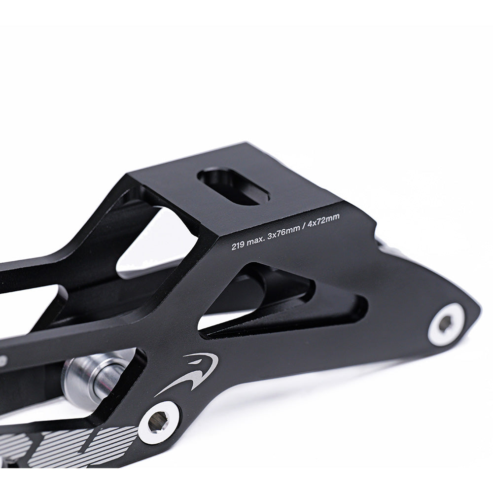 Low-profile black DERBY skate frame, dual wheel setup for agile movement. Ideal for high-intensity inline derby sports.