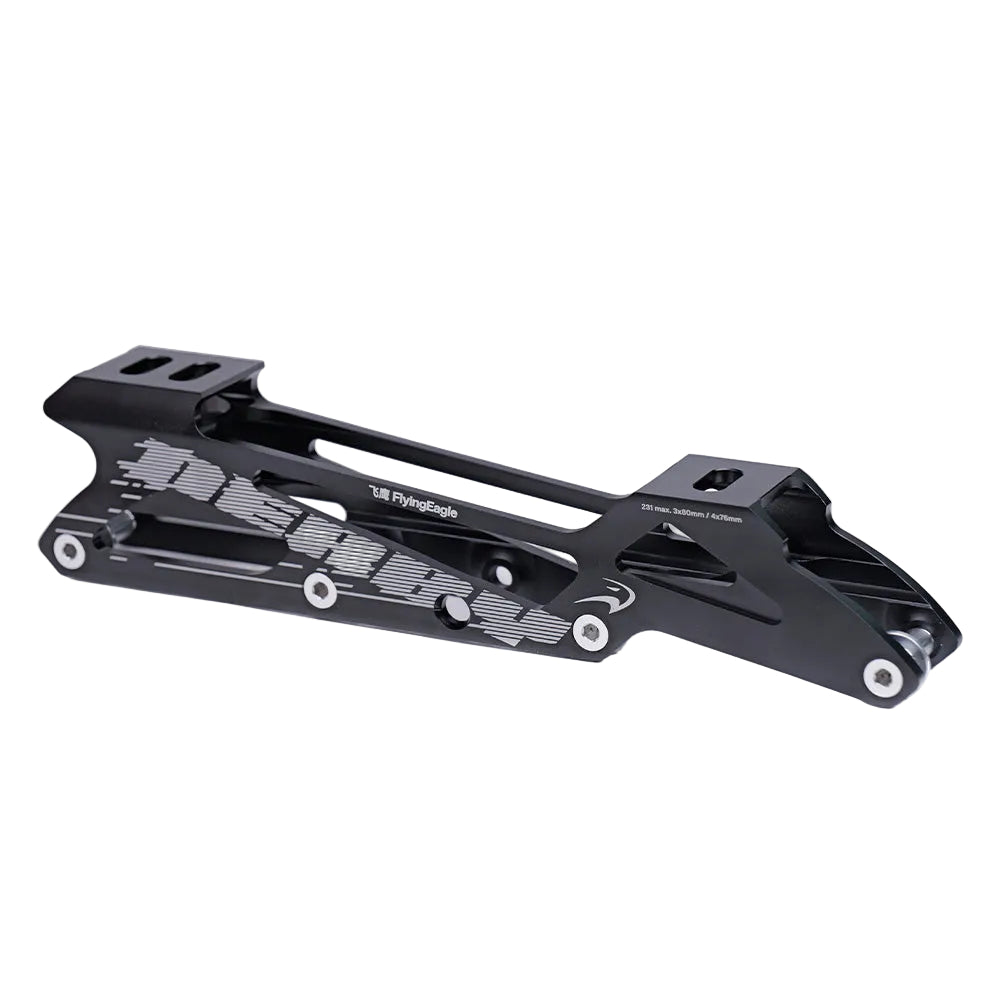FlyingEagle DERBY black inline skate frame, ultra-low height for stability. Versatile 3/4 wheel design for fast-paced derby skating.