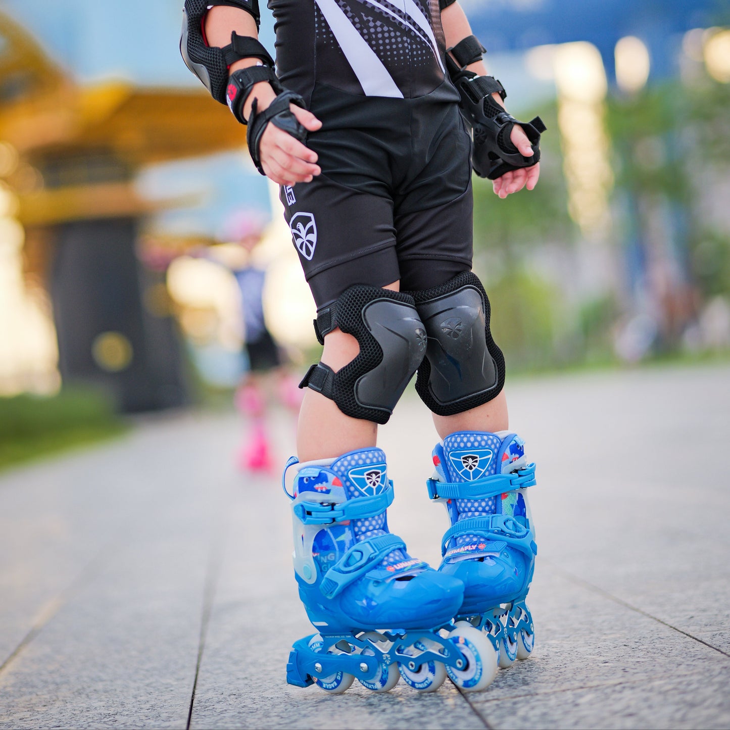 Person wearing Blue FlyingEagle LUMAFLY with protective gear 
