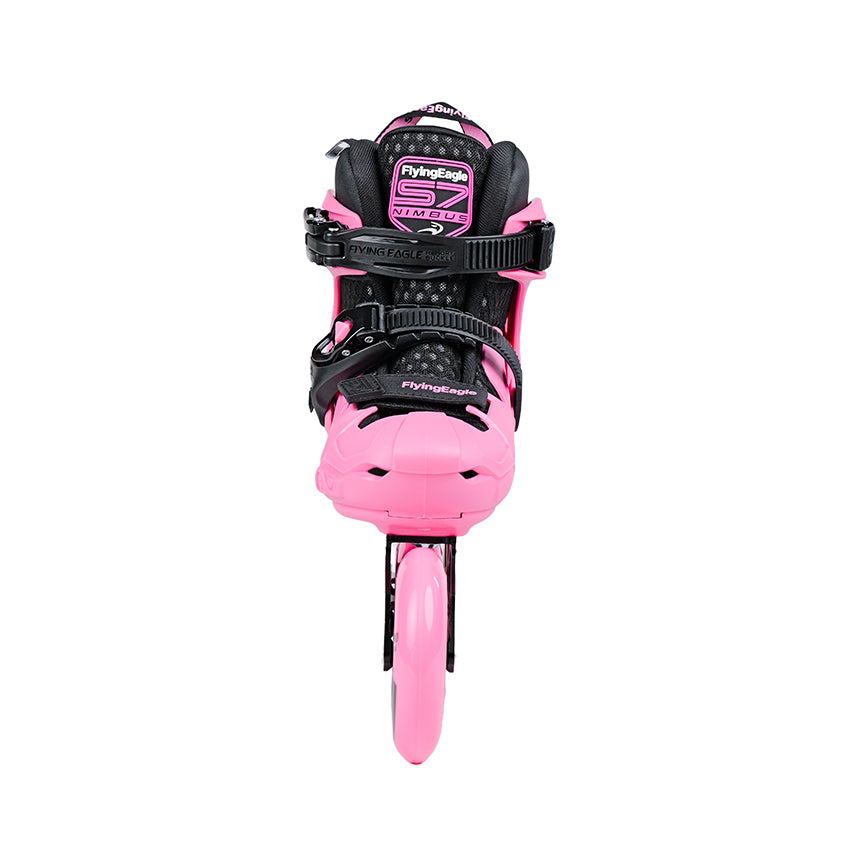 Pink S7 SPEED PRO kids inline skates front view, wide fit for growing children feet