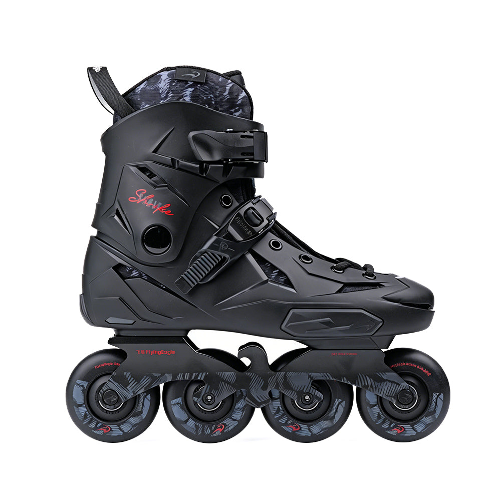 FlyingEagle SHRIKE black urban inline skate, hard-boot shell with heel shock absorber and supportive cuff for steady ride