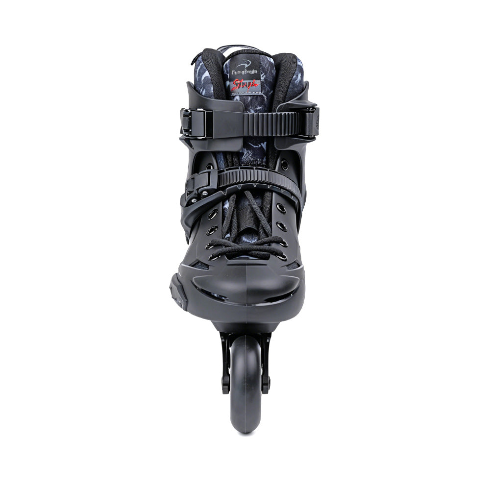 Hard-boot black urban skate by FlyingEagle SHRIKE, heel cushion and supportive cuff for top comfort and performance