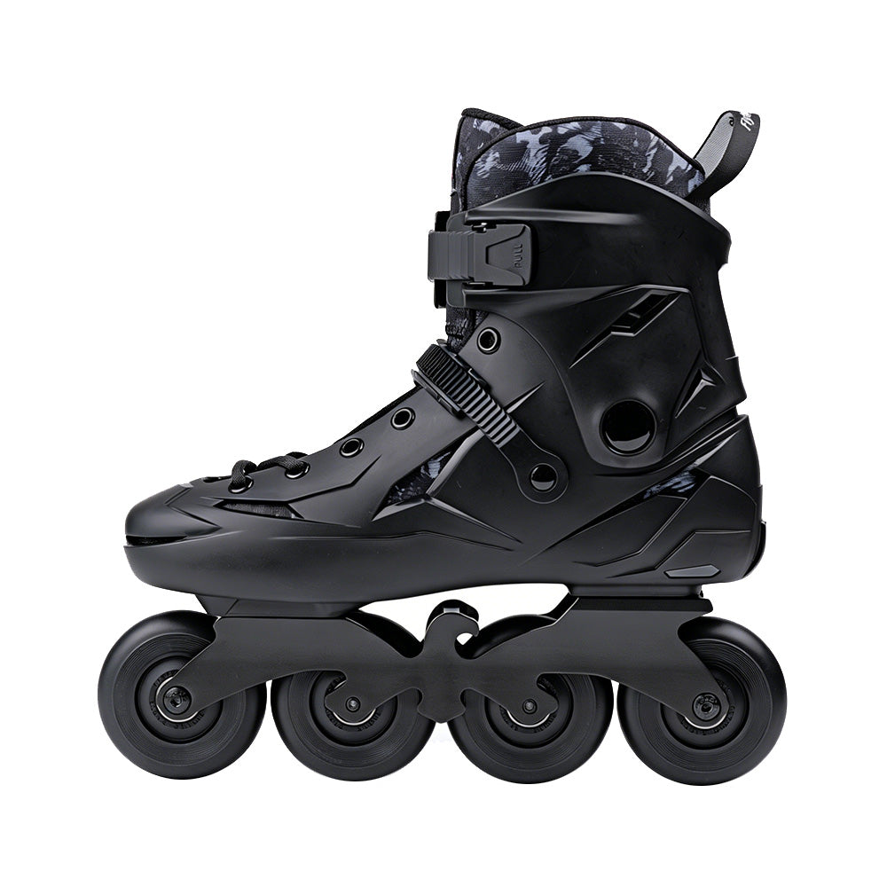 Black SHRIKE inline skate, stylish & durable gear with shock absorption, great for experienced urban skaters