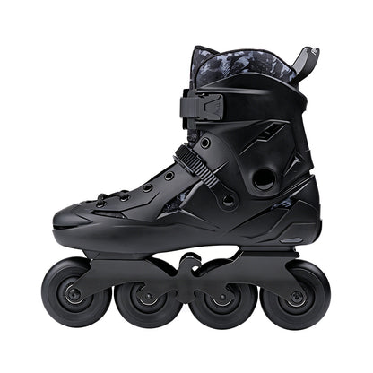 Black SHRIKE inline skate, stylish & durable gear with shock absorption, great for experienced urban skaters
