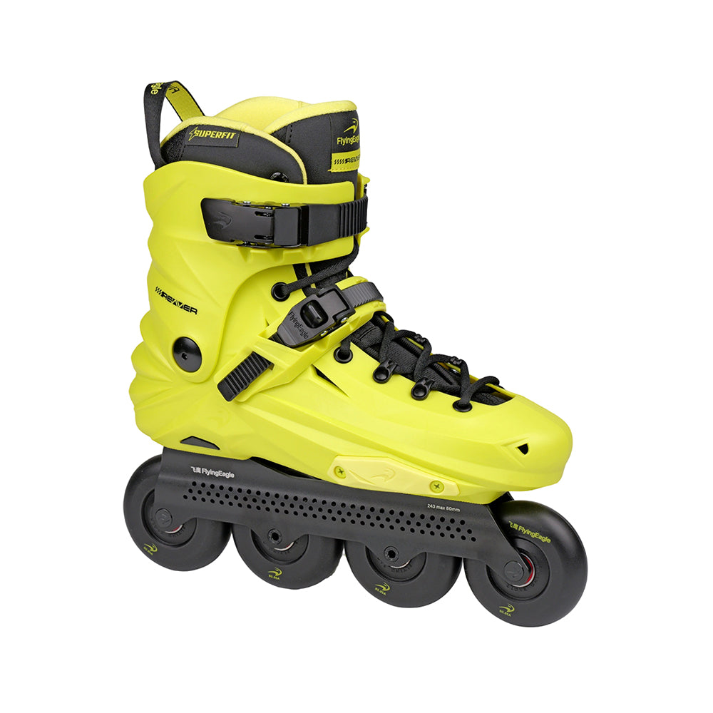 Flying Eagle REAVER S7680 Yellow Black adult urban inline skates in bright neon yellow with black accents, including the wheels, straps, and laces