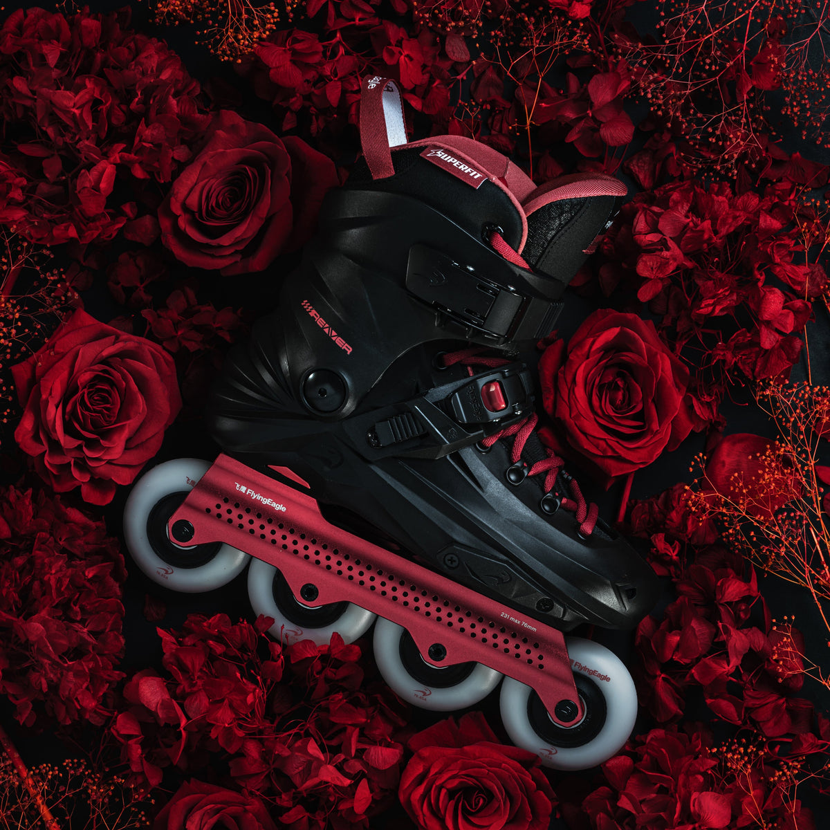 Flying Eagle REAVER S7680 ROSEresting on a bed of red roses and dried red botanicals against a dark background.