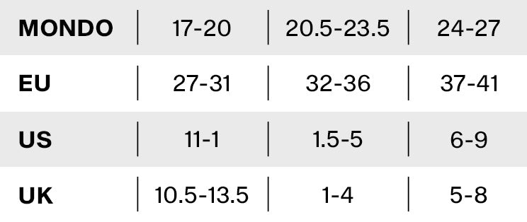 Sizing chart for NIMBUS PRO