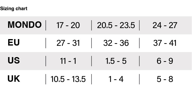 Sizing chart for SPROUT