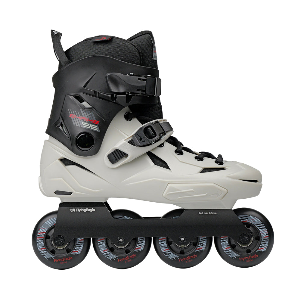 Flying Eagle inline skate SHRIKE SE asphalt gray boot. The boot features a light gray and black shell with black laces and a black four-wheel.