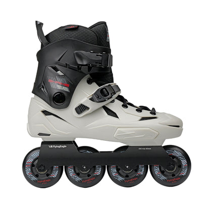 Flying Eagle inline skate SHRIKE SE asphalt gray boot. The boot features a light gray and black shell with black laces and a black four-wheel.