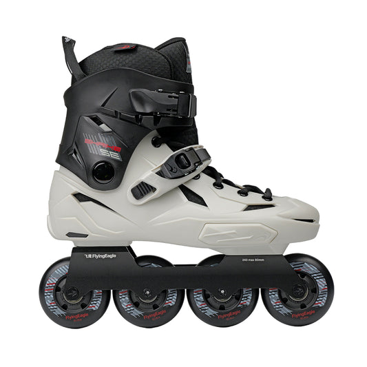 Flying Eagle inline skate SHRIKE SE asphalt gray boot. The boot features a light gray and black shell with black laces and a black four-wheel.