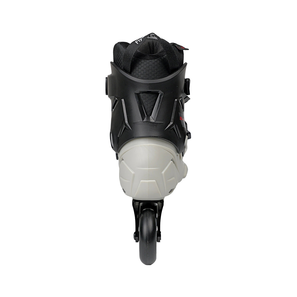 Flying Eagle SHRIKE SE asphalt inline skate boot shown from the front against a white background. The boot features a black upper with protective plastic shell details and a light gray lower shell and wheel assembly.