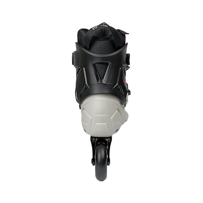 Flying Eagle SHRIKE SE asphalt inline skate boot shown from the front against a white background. The boot features a black upper with protective plastic shell details and a light gray lower shell and wheel assembly.