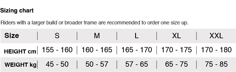 Sizing chart for SPEED SKIN SUIT