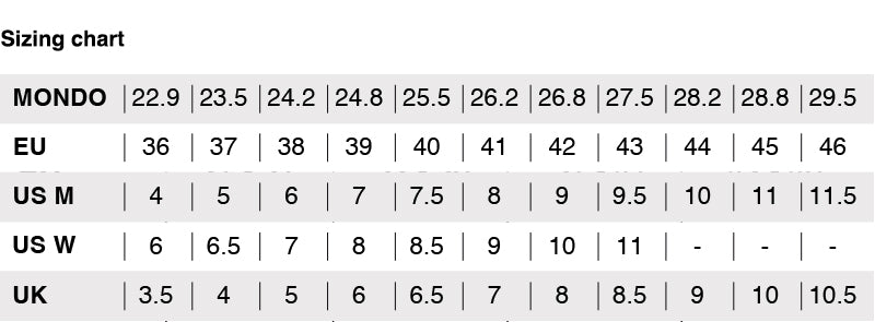 Sizing chart for SHRIKE PRO