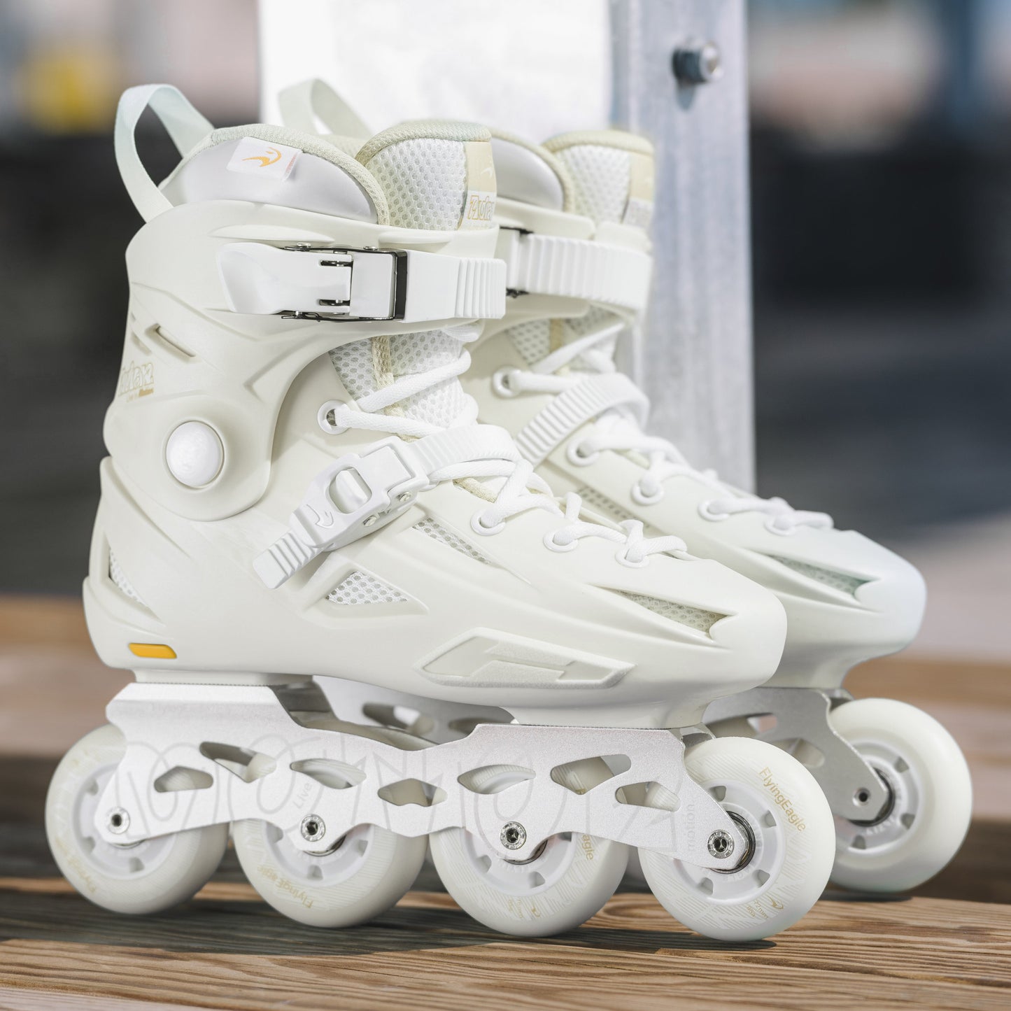 Flying Eagle AVIAN beige adult 4-wheel hard boot inline skates displayed on urban pavement for fitness and freestyle street skating