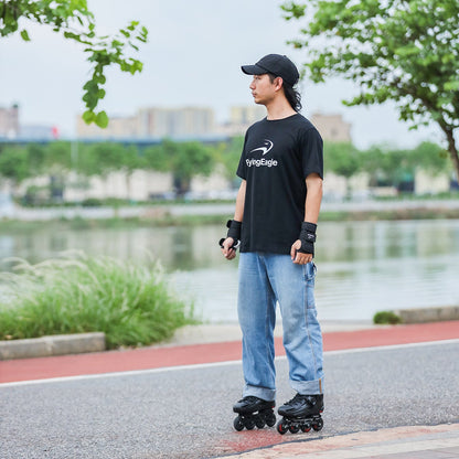 Outdoor roller skater dressed in FlyingEagle black classic cotton tee for skating training