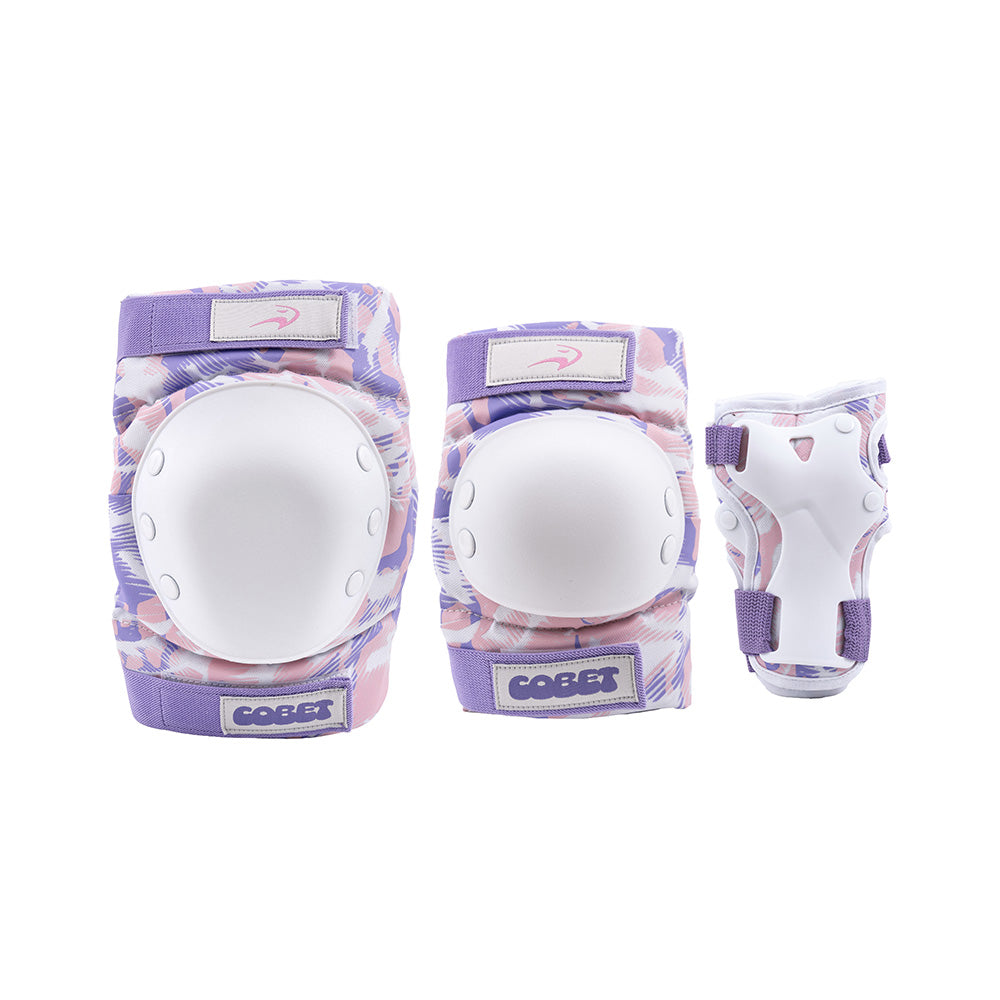 A set of Flying Eagle COBET protection pads in a purple, pink, and white patterned fabric with white plastic inserts