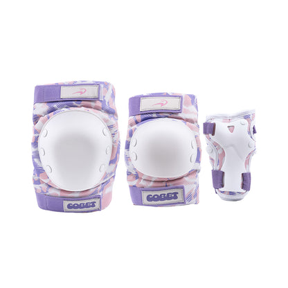 A set of Flying Eagle COBET protection pads in a purple, pink, and white patterned fabric with white plastic inserts