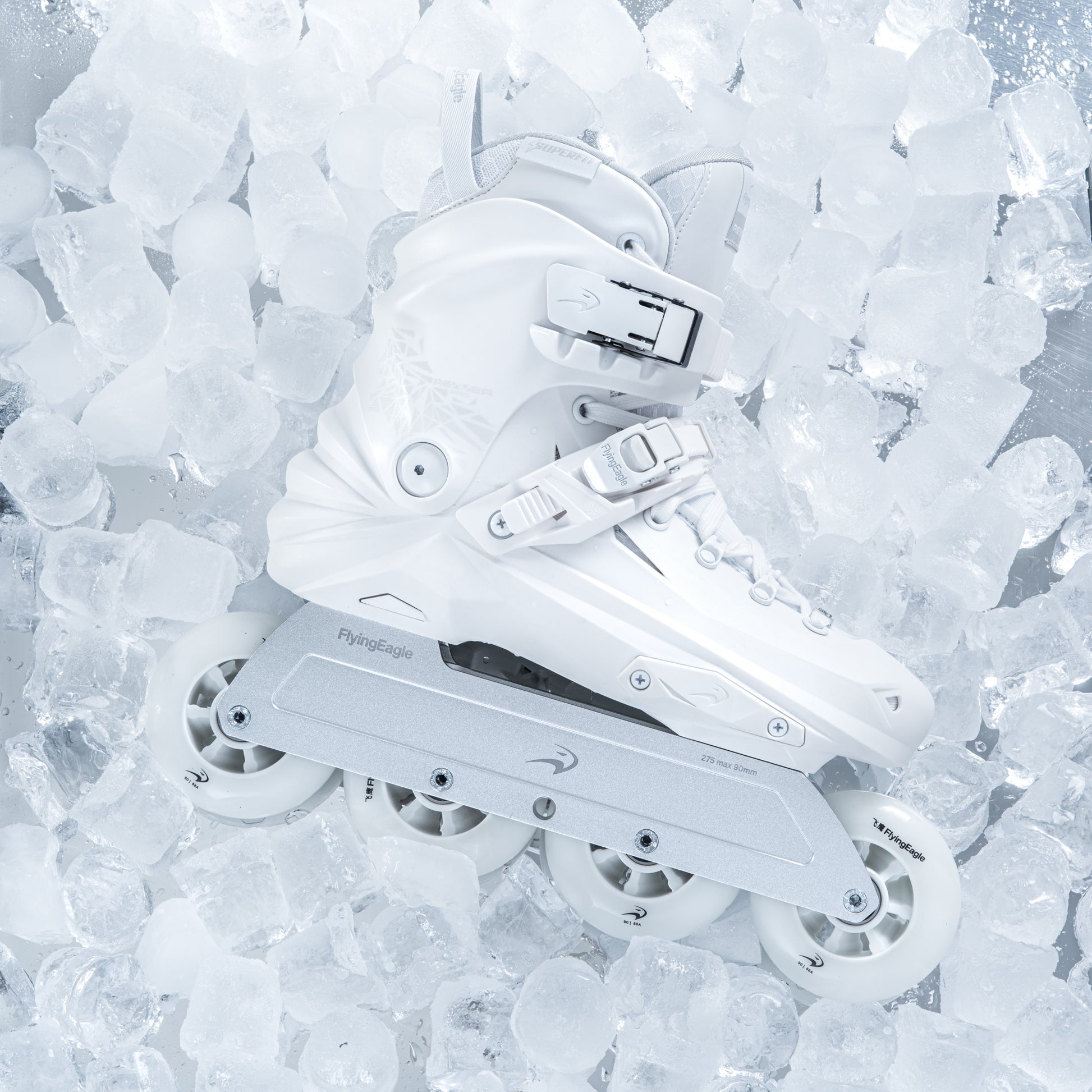 White FlyingEagle REAVER Pro X7D8490 inline skates placed on ice surface