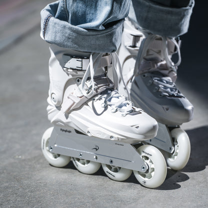 Urban commute skating scene, player with  white FlyingEagle REAVER Pro D8490 trick skates
